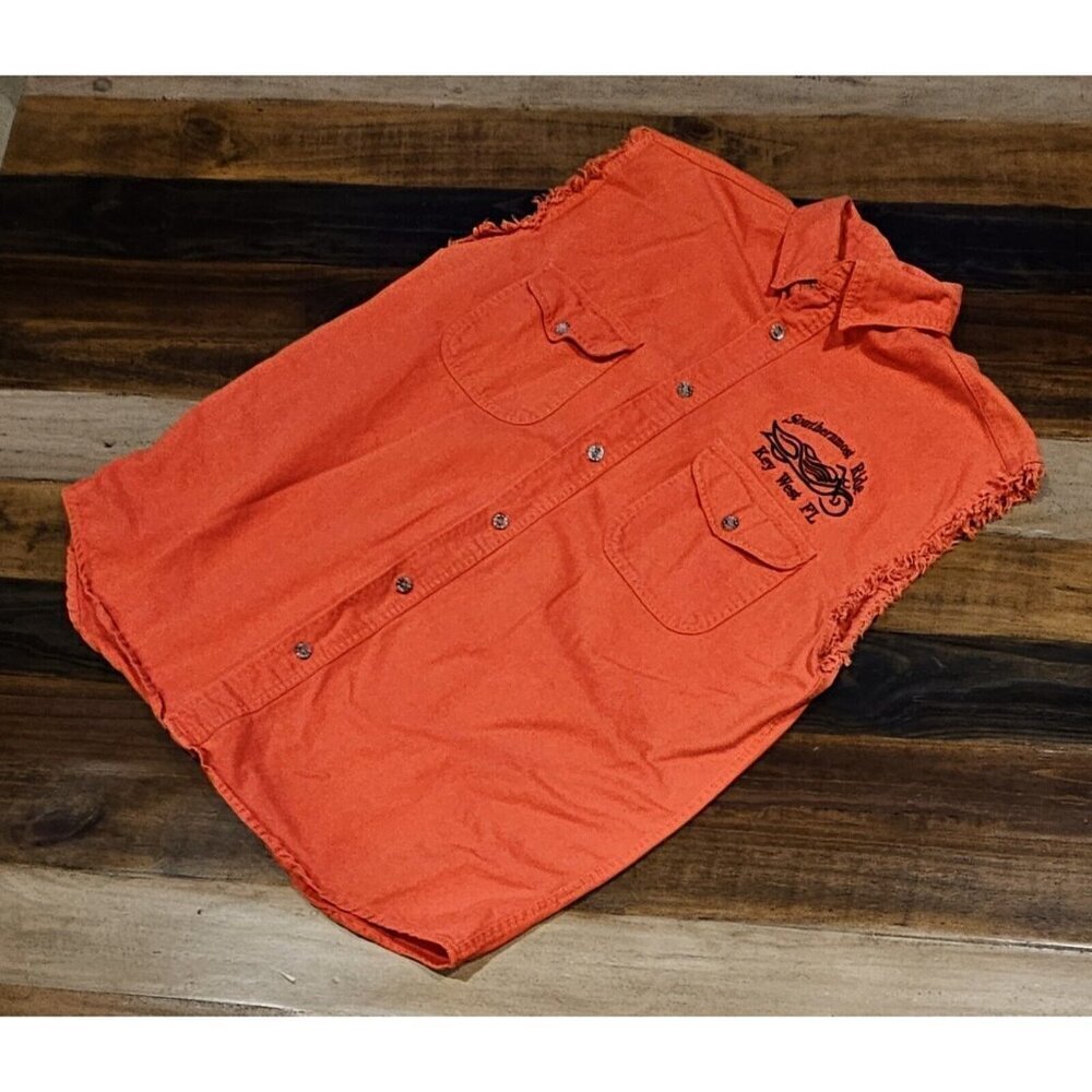 Twin V Motorcycle Apparel Key West Cut Off Sleeve Denim Button Up Shirt Large